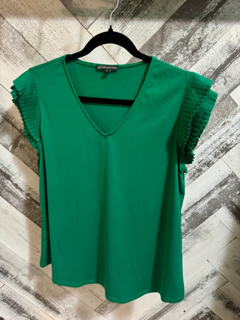Adrianna Papell Emerald V-Neck Top with Pleated Sleeves